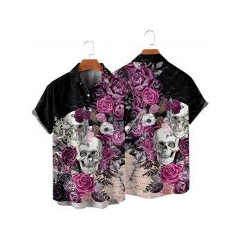 Men's Skulls Rose Flower Leaf Print Gothic Shirt Button Up Roll Up Short Sleeve Holiday Shirt