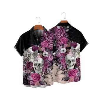 Gothic Couple Outfit Skulls Rose Flower Leaf Print Spaghetti Strap A Line Long Tank Dress and Button Up Shirt Holiday Matching Outfit
