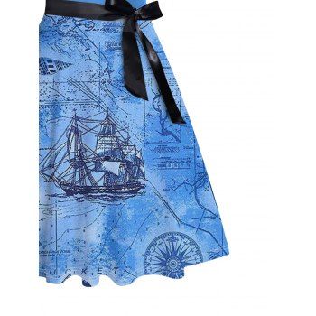 Nautical Elements Ship Pattern Belt Vacation Dress Crossover Short Sleeve A Line Midi Beach Dress