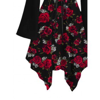 Rose Leaf Print Lace Up Gothic Dress Ruffle Off the Shoulder Long Flare Sleeve Midi Holiday Dress