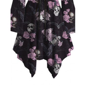 Rose Skulls Bat Spider Web Print Lace Up Gothic Dress Ruffle Off the Shoulder Long Flare Sleeve Midi Holiday Dress