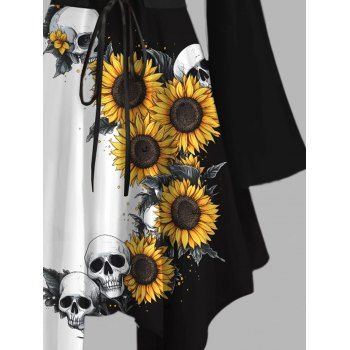 Sunflower Skulls Print Contrast Color Lace Up Gothic Dress Ruffle Off the Shoulder Long Flare Sleeve Asymmetrical Hem Holiday Dress