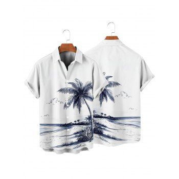 Men's Coconut Tree Beach Landscape Pattern Vacation Shirt Button Up Roll Up Short Sleeve Beach Shirt