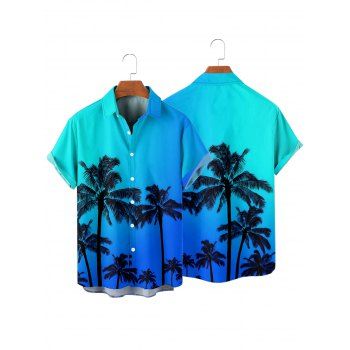 Vacation Couple Outfit Ombre Coconut Tree Pattern Belt V Neck Short Sleeve A Line Midi Dress and Button Up Shirt Beach Matching Outfit