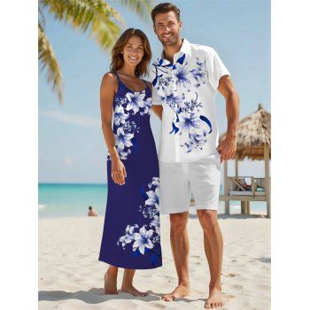 Vacation Couple Outfit Lily Floral Leaf Pattern Pocket Spaghetti Strap A Line Long Tank Dress and Button Up Shirt Casual Matching Outfit