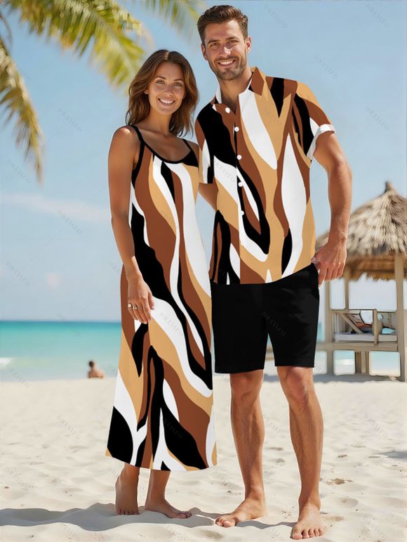 Casual Couple Outfit Colored Geometric Textured Printed Spaghetti Strap Pocket A Line Long Dress and Roll Up Sleeve Shirt Two Piece Set - café S | US 4