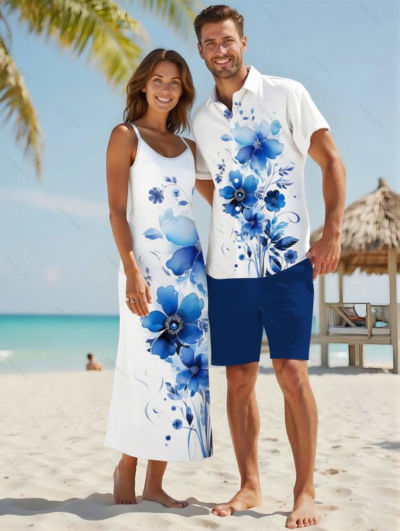 Vacation Couple Outfit Watercolor Leaf Floral Print Spaghetti Strap A Line Long Dress and Roll Up Sleeve Button Up Shirt Matching Outfit - Blanc S | US 4