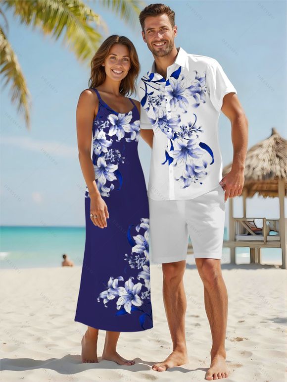 Vacation Couple Outfit Lily Floral Leaf Pattern Pocket Spaghetti Strap A Line Long Tank Dress and Button Up Shirt Casual Matching Outfit - Bleu profond S | US 4