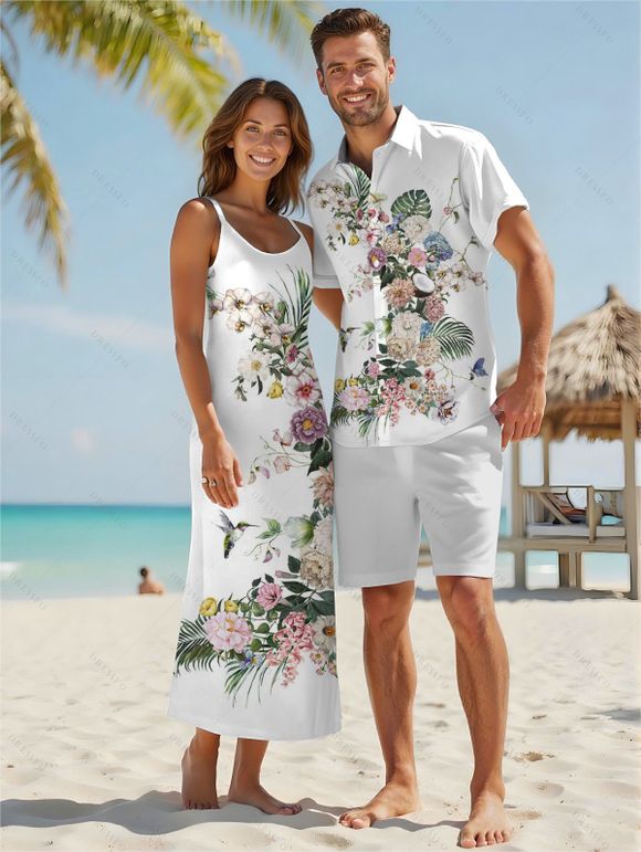 Wedding Couple Outfit Flower Leaf Pattern Pocket Adjustable Spaghetti Strap A Line Long Tank Dress and Button Up Shirt Vacation Matching Outfit - Blanc S | US 4