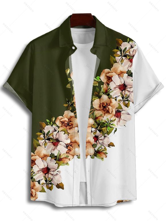 Chemise de vacances à manches courtes et col rabattu pour homme, décontractée, à motif floral et feuilles, de couleur contrastée - Vert profond 4XL