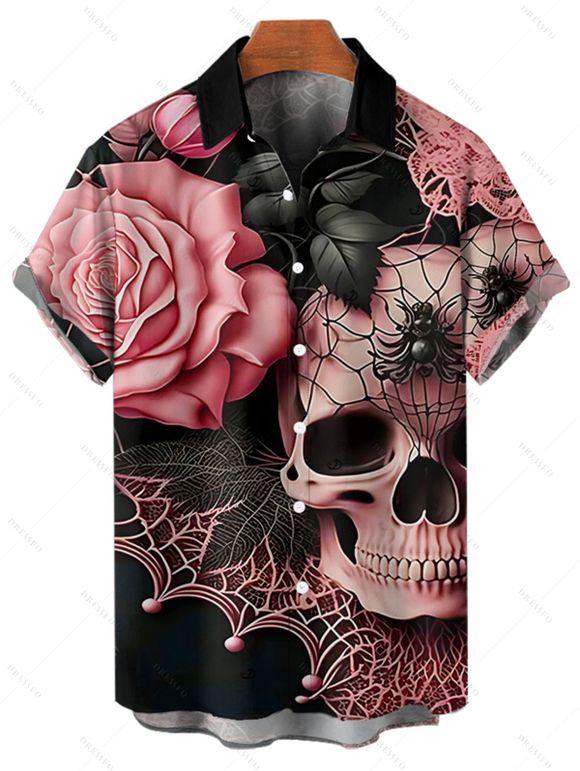 Chemise gothique à manches courtes et boutons pour homme, motif tête de mort, toile d'araignée, rose et feuilles, style vacances - Rose clair 5XL