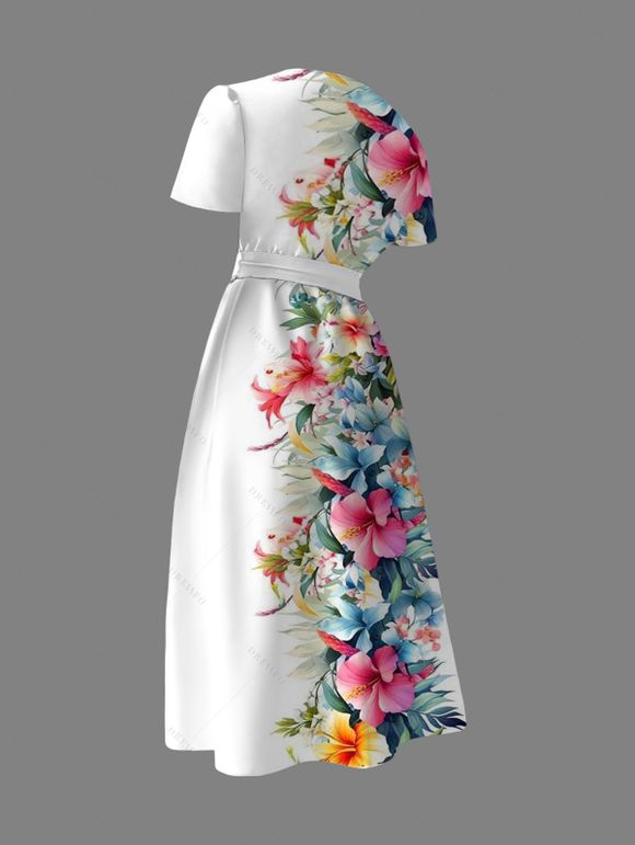 Robe de vacances à motif de feuilles de fleurs tropicales, taille haute, col en V, coupe trapèze, mi-longue, décontractée - Blanc XL | US 12