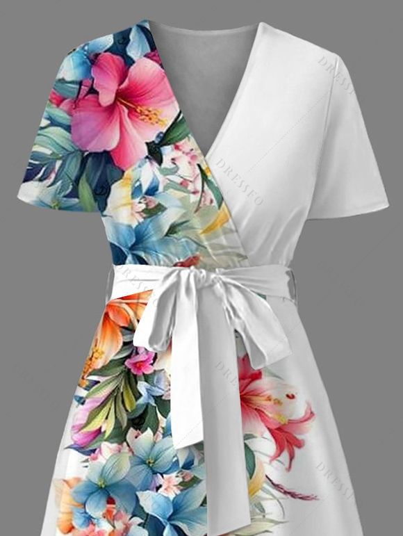 Robe de vacances à motif de feuilles de fleurs tropicales, taille haute, col en V, coupe trapèze, mi-longue, décontractée - Blanc XL | US 12