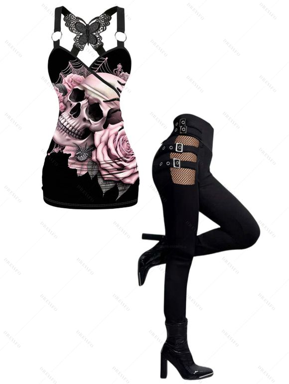 Women Gothic Outfit Rose Skulls Spider Web Leaf Pattern Butterfly Lace Ruched Long Tank Top and Hollow Out Square Buckle Strap Skinny Pants Holiday Matching Outfit - Noir S | US 4