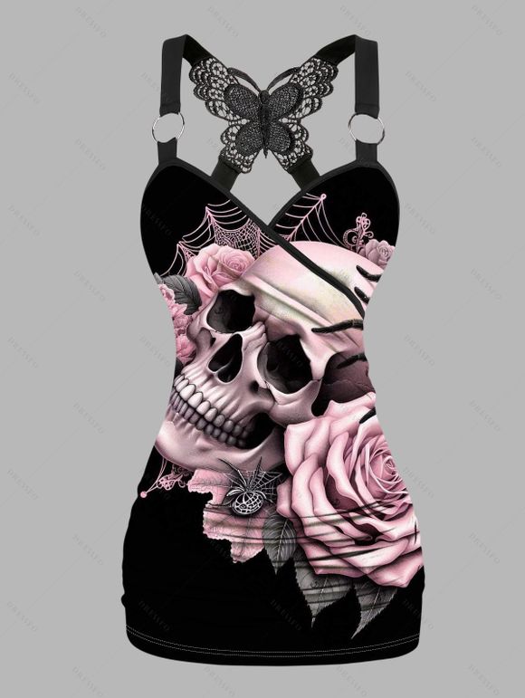 Women Gothic Outfit Rose Skulls Spider Web Leaf Pattern Butterfly Lace Ruched Long Tank Top and Hollow Out Square Buckle Strap Skinny Pants Holiday Matching Outfit - Noir S | US 4