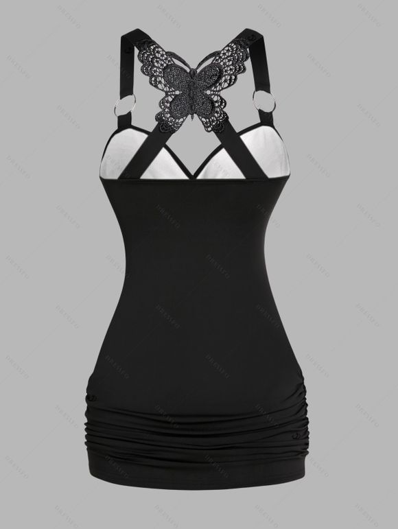 Women Gothic Outfit Rose Skulls Spider Web Leaf Pattern Butterfly Lace Ruched Long Tank Top and Hollow Out Square Buckle Strap Skinny Pants Holiday Matching Outfit - Noir S | US 4