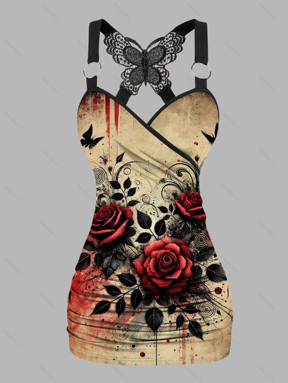 Débardeur gothique froncé en dentelle à motif de feuille de rose et de papillon avec bretelles à anneau en O et haut long pour les vacances - Noir XXL | US 14