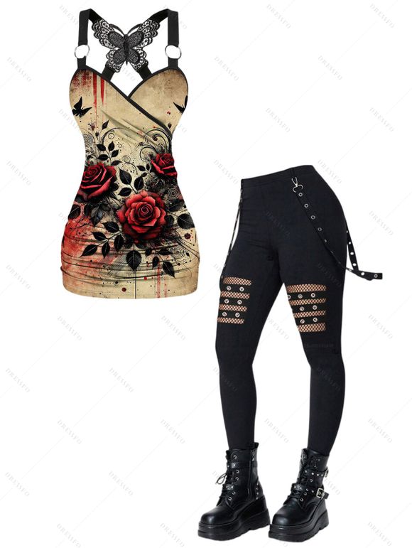 Women Gothic Outfit Rose Leaf Butterfly Blood Pattern Lace Ruched Long Tank Top and Hollow Out Grommet Chain Embellishment Pants Holiday Matching Outfit - Noir S | US 4
