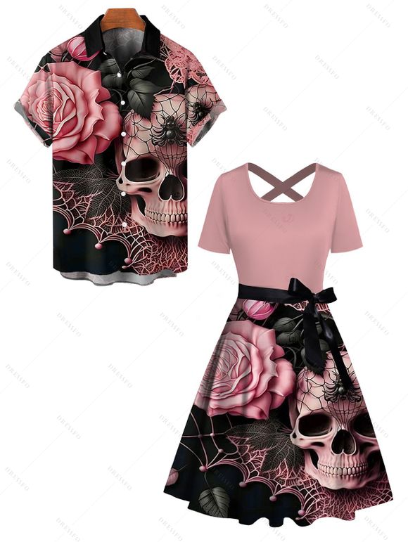 Gothic Couple Outfit Skulls Spider Web Rose Leaf Pattern Belt Crossover Short Sleeve A Line Dress and Button Up Shirt Holiday Matching Outfit - Rose clair S | US 4