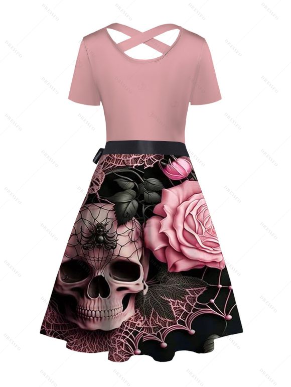 Gothic Couple Outfit Skulls Spider Web Rose Leaf Pattern Belt Crossover Short Sleeve A Line Dress and Button Up Shirt Holiday Matching Outfit - Rose clair S | US 4