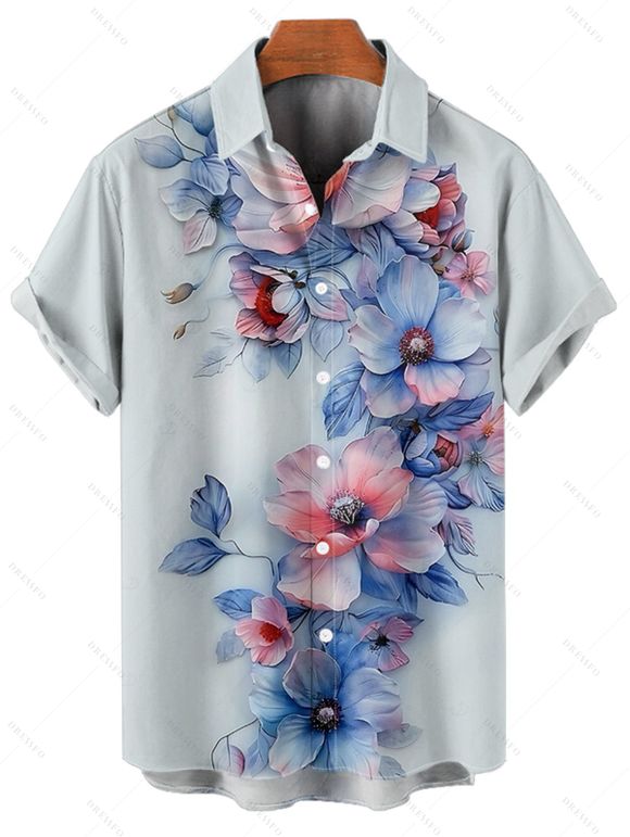 Chemise de mariage à imprimé aquarelle pour homme, manches courtes, boutonnée et retroussable, style décontracté - Bleu clair 5XL