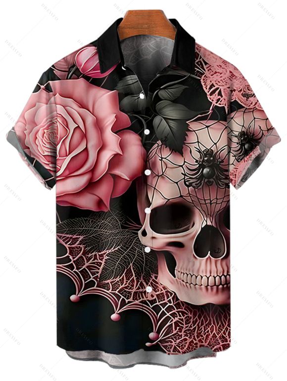 Gothic Couple Outfit Skulls Spider Web Rose Leaf Pattern Belt Crossover Short Sleeve A Line Dress and Button Up Shirt Holiday Matching Outfit - Rose clair S | US 4