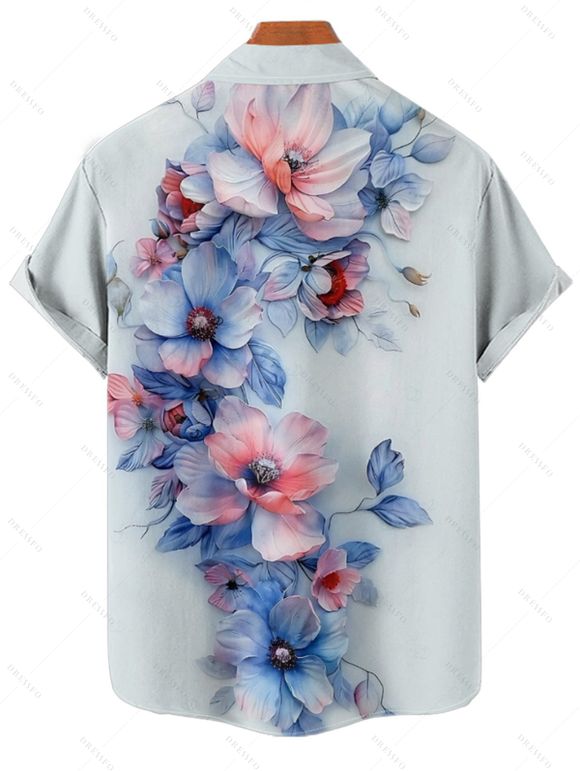 Chemise de mariage à imprimé aquarelle pour homme, manches courtes, boutonnée et retroussable, style décontracté - Bleu clair 4XL