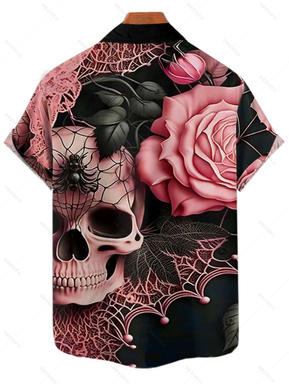 Gothic Couple Outfit Skulls Spider Web Rose Leaf Pattern Belt Crossover Short Sleeve A Line Dress and Button Up Shirt Holiday Matching Outfit - Rose clair S | US 4
