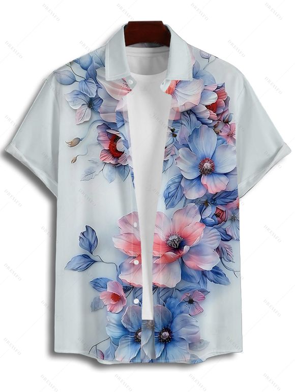 Chemise de mariage à imprimé aquarelle pour homme, manches courtes, boutonnée et retroussable, style décontracté - Bleu clair 4XL