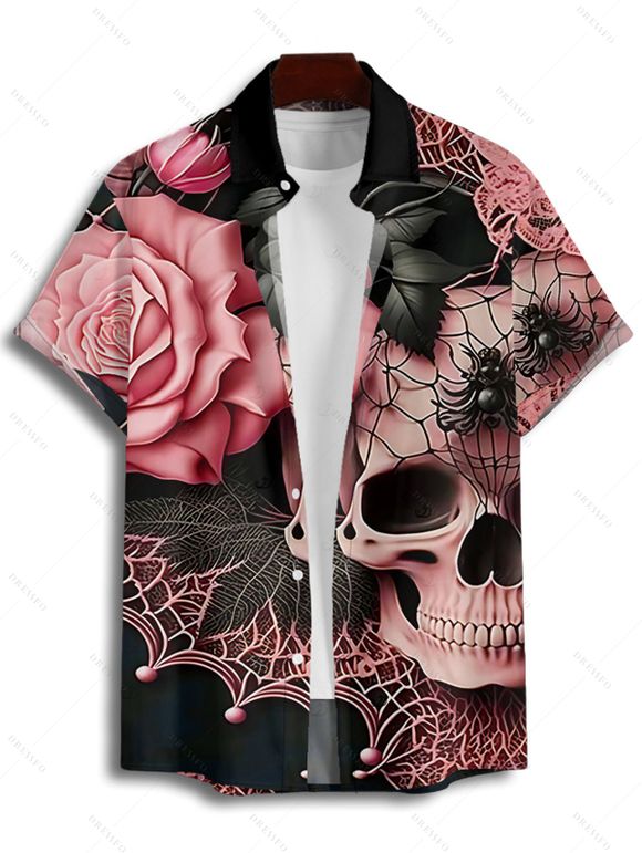 Gothic Couple Outfit Skulls Spider Web Rose Leaf Pattern Belt Crossover Short Sleeve A Line Dress and Button Up Shirt Holiday Matching Outfit - Rose clair S | US 4