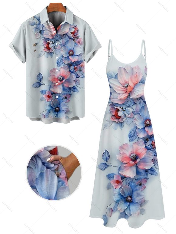 Wedding Couple Outfit Watercolor Flower Leaf Print Pocket Spaghetti Strap A Line Long Tank Dress and Button Up Shirt Vacation Matching Outfit - Bleu clair S | US 4
