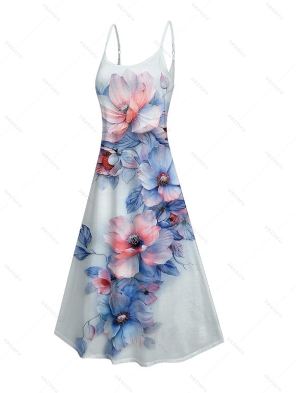 Wedding Couple Outfit Watercolor Flower Leaf Print Pocket Spaghetti Strap A Line Long Tank Dress and Button Up Shirt Vacation Matching Outfit - Bleu clair S | US 4