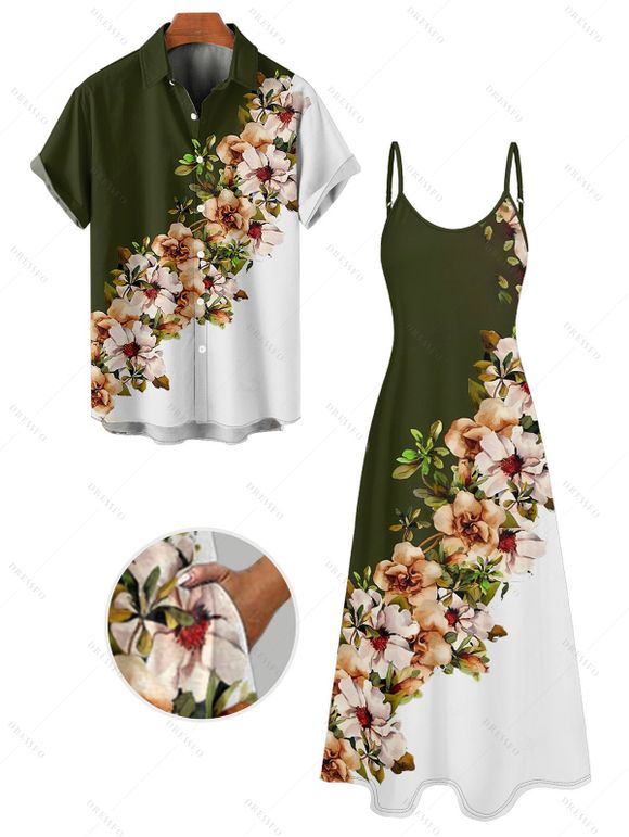 Vacation Couple Outfit Flower Leaf Pattern Contrast Color Spaghetti Strap A Line Long Tank Dress and Button Up Shirt Casual Matching Outfit - Vert profond S | US 4