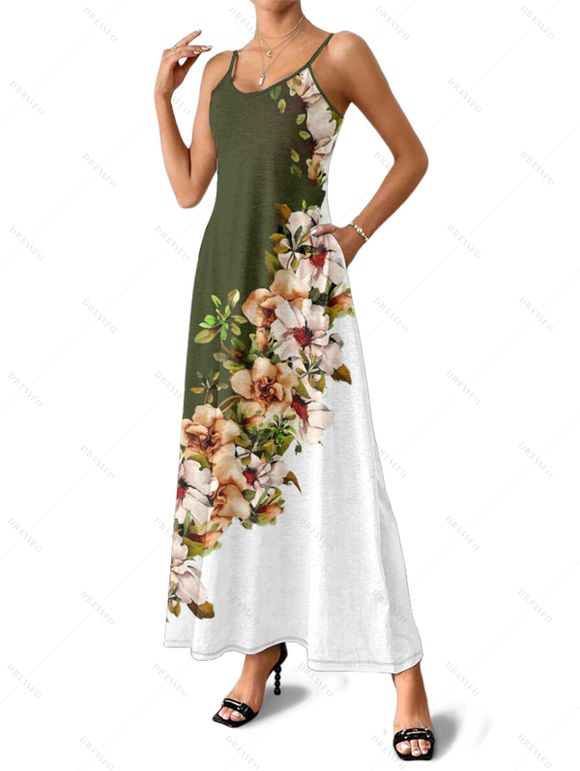 Vacation Couple Outfit Flower Leaf Pattern Contrast Color Spaghetti Strap A Line Long Tank Dress and Button Up Shirt Casual Matching Outfit - Vert profond S | US 4