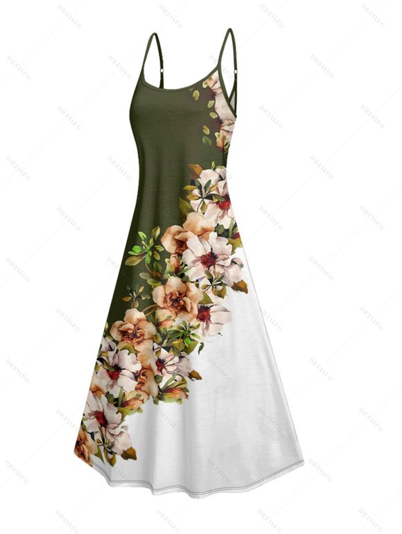 Vacation Couple Outfit Flower Leaf Pattern Contrast Color Spaghetti Strap A Line Long Tank Dress and Button Up Shirt Casual Matching Outfit - Vert profond S | US 4