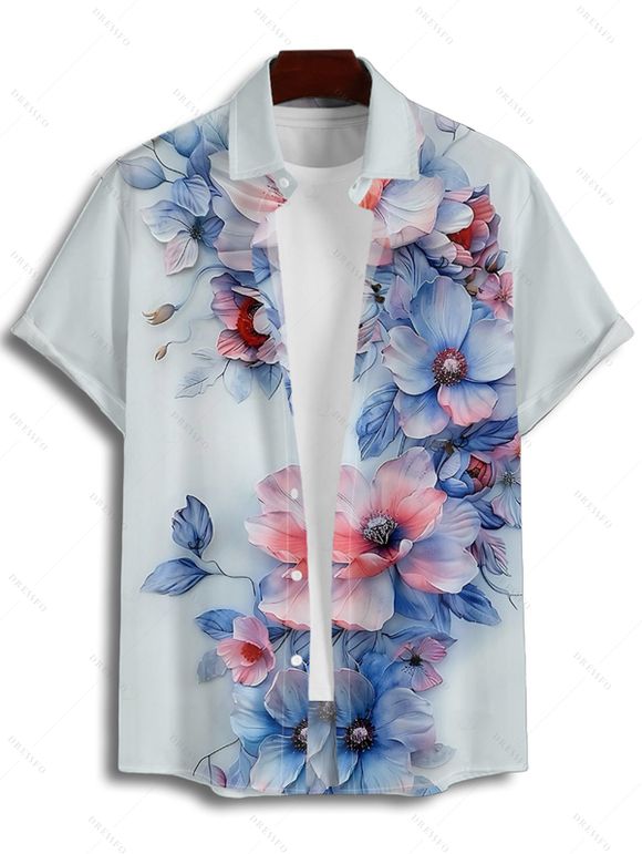 Wedding Couple Outfit Watercolor Flower Leaf Print Pocket Spaghetti Strap A Line Long Tank Dress and Button Up Shirt Vacation Matching Outfit - Bleu clair S | US 4