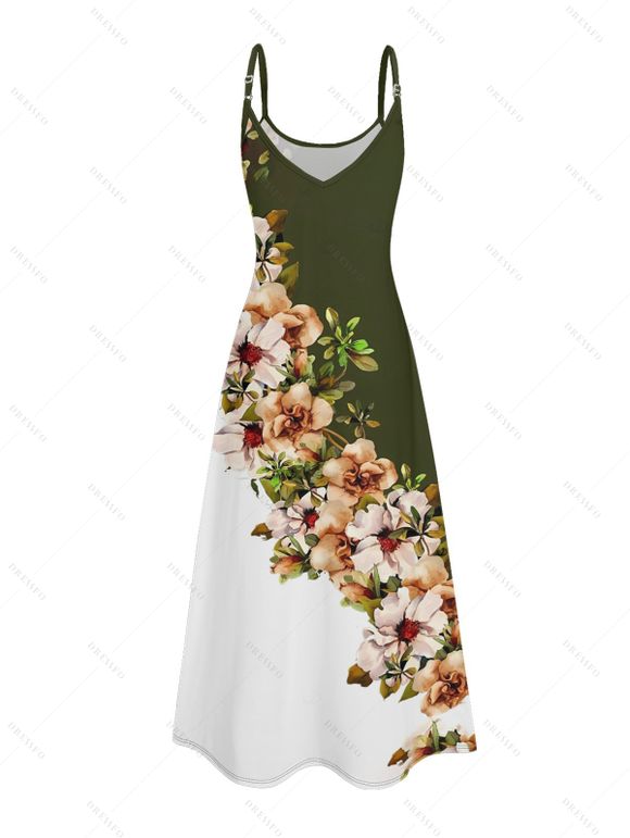 Vacation Couple Outfit Flower Leaf Pattern Contrast Color Spaghetti Strap A Line Long Tank Dress and Button Up Shirt Casual Matching Outfit - Vert profond S | US 4