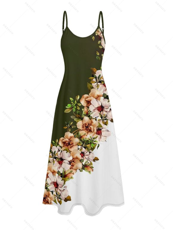 Vacation Couple Outfit Flower Leaf Pattern Contrast Color Spaghetti Strap A Line Long Tank Dress and Button Up Shirt Casual Matching Outfit - Vert profond S | US 4