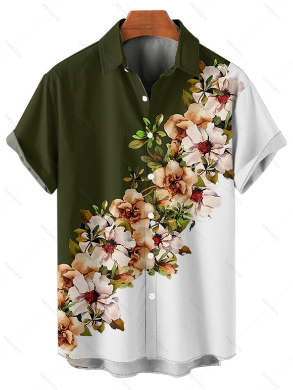 Vacation Couple Outfit Flower Leaf Pattern Contrast Color Spaghetti Strap A Line Long Tank Dress and Button Up Shirt Casual Matching Outfit - Vert profond S | US 4