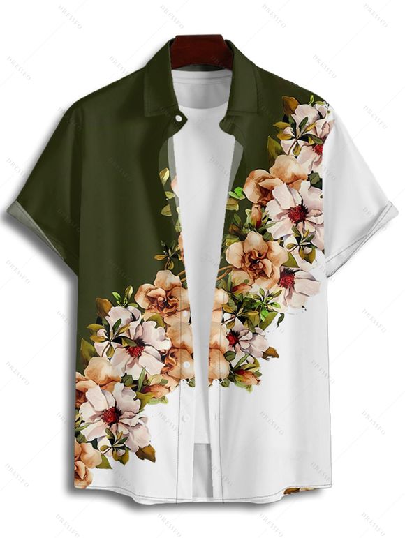 Vacation Couple Outfit Flower Leaf Pattern Contrast Color Spaghetti Strap A Line Long Tank Dress and Button Up Shirt Casual Matching Outfit - Vert profond S | US 4