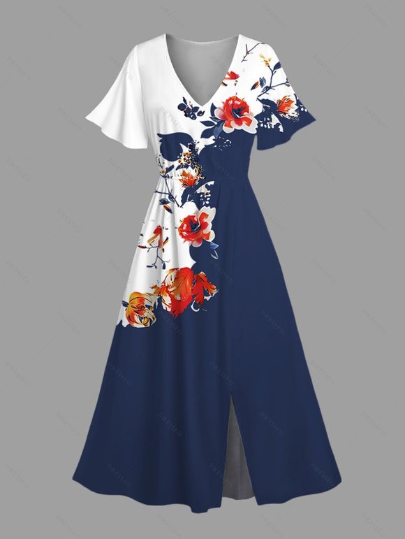 Robe de vacances fendue à motif floral et branches d'arbres, col en V, manches mi-évasées, coupe trapèze, mi-longue, décontractée - Bleu profond XXL | US 14