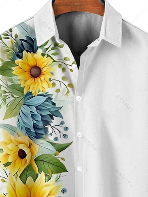 Chemise de vacances à motif floral tournesol pour homme, boutonnée, retroussée, manches courtes, décontractée - Blanc 4XL