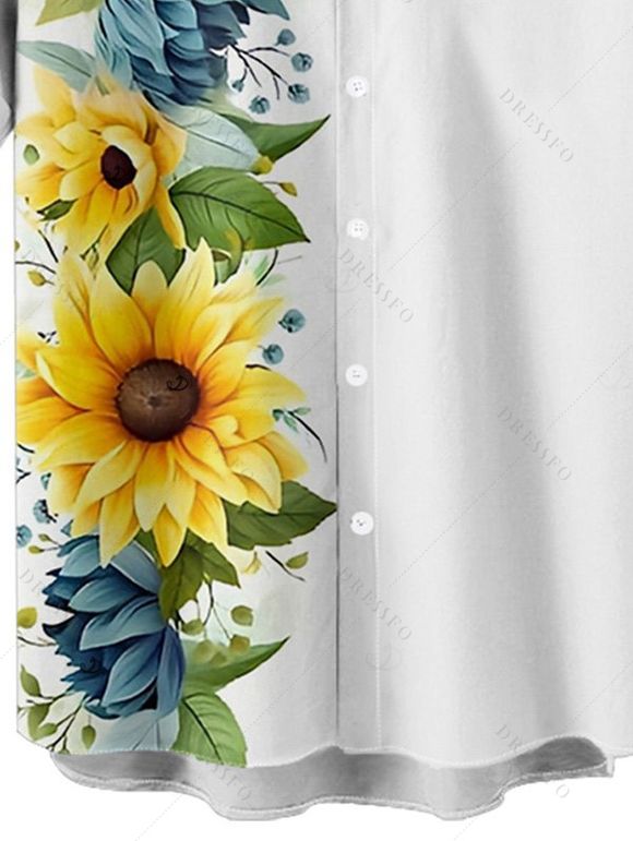 Chemise de vacances à motif floral tournesol pour homme, boutonnée, retroussée, manches courtes, décontractée - Blanc 4XL