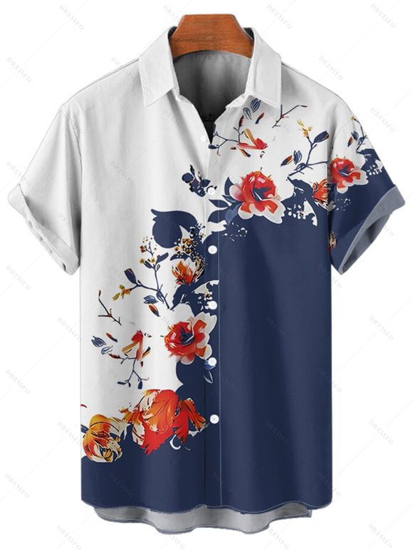 Chemise de vacances à manches courtes et boutons pour homme, motif floral et branches d'arbres, couleur unie, décontractée - Bleu profond 4XL