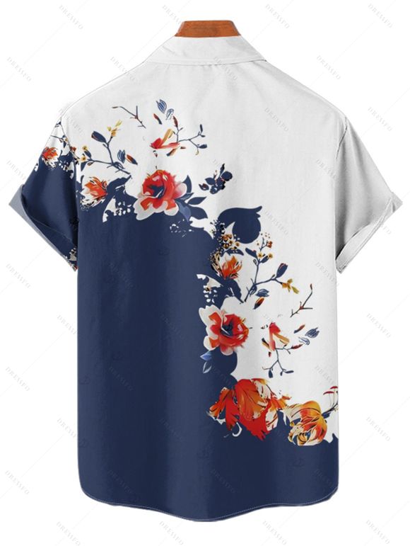 Chemise de vacances à manches courtes et boutons pour homme, motif floral et branches d'arbres, couleur unie, décontractée - Bleu profond 3XL