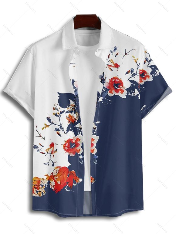 Chemise de vacances à manches courtes et boutons pour homme, motif floral et branches d'arbres, couleur unie, décontractée - Bleu profond 3XL
