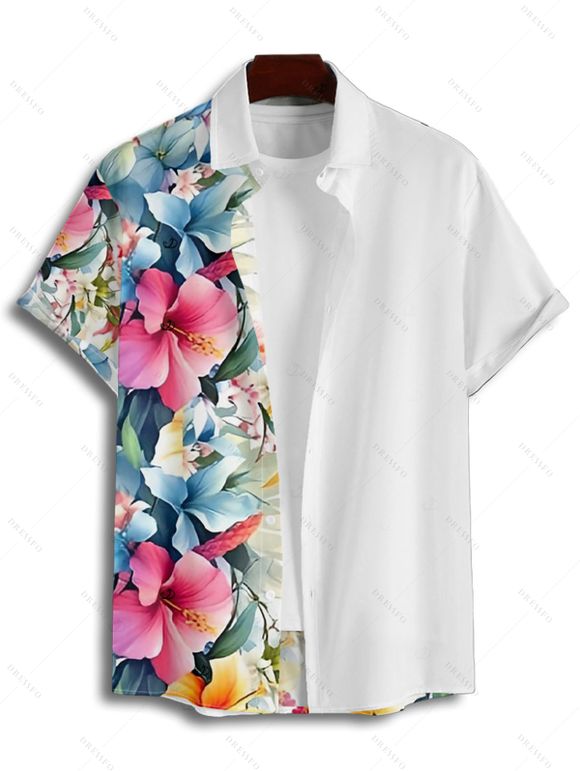 Chemise de vacances à motif de feuilles de fleurs tropicales pour homme, chemise décontractée à manches courtes et boutonnée et retroussable - multicolor XL