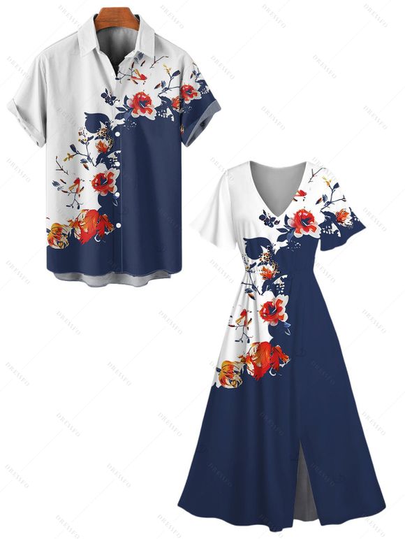Vacation Couple Outfit Floral Tree Branches Pattern Colorblock Slit Half Flare Sleeve Dress and Button Up Shirt Casual Matching Outfit - Bleu de Minuit S | US 4