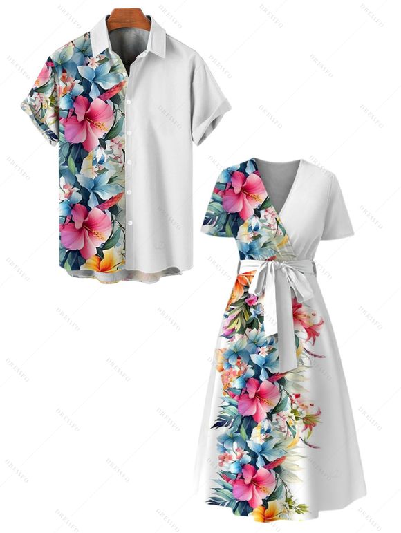 Vacation Couple Outfit Tropical Flower Leaf Pattern A Line Midi Belt Dress and Button Up Shirt Casual Matching Outfit - multicolor S | US 4