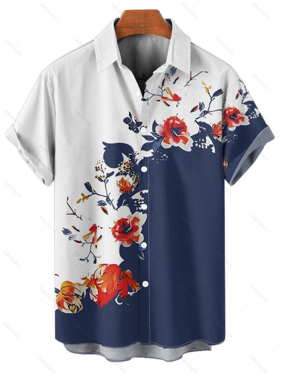 Vacation Couple Outfit Floral Tree Branches Pattern Colorblock Slit Half Flare Sleeve Dress and Button Up Shirt Casual Matching Outfit - Bleu de Minuit S | US 4